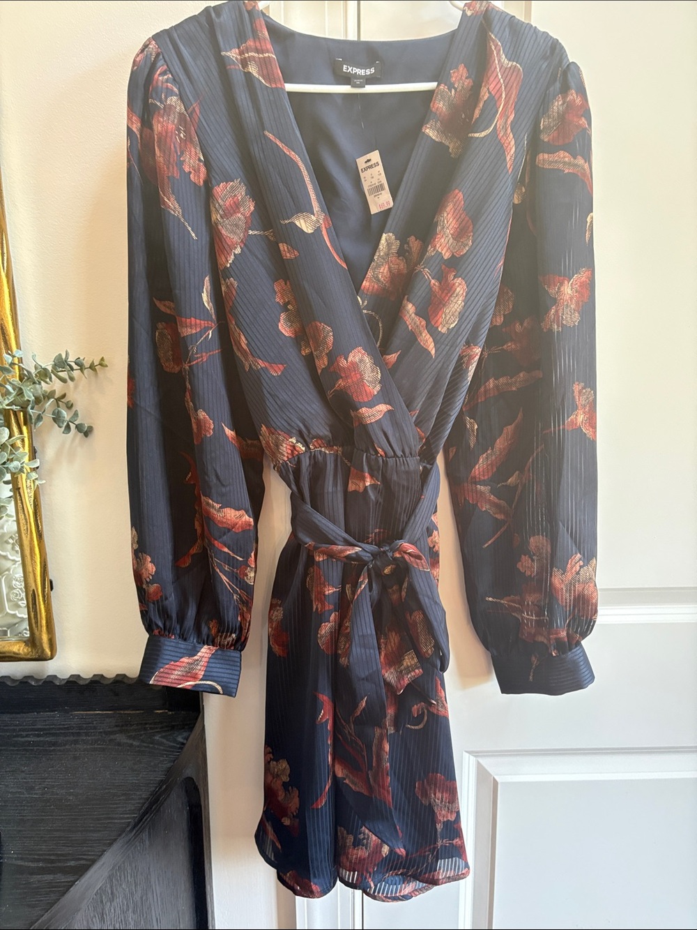 Express Navy Floral Wrap Dress with Rust Blooms